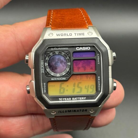 Custom Casio AE1200 Moon Eclipse Edition World Time 100m Leather Strap - Picture 14 of 17